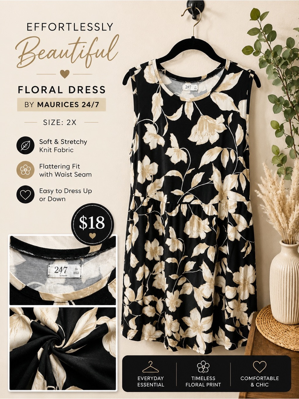 Maurices Black and Cream Floral Knit Dress for Kids